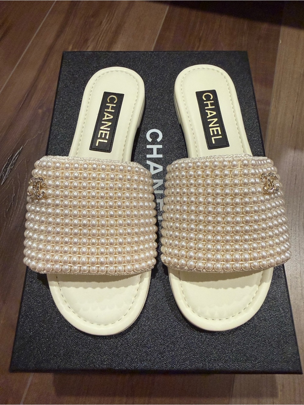 CHANEL Cream Pearl-Embellished Slide Mules (sz 37.5)